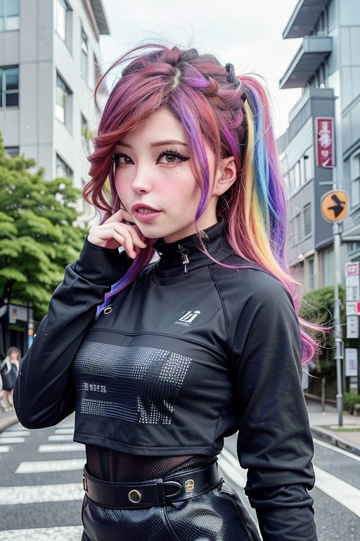 a woman wearing (techwear clothes, urban clothing:1.2), (face closeup:1.1), (colorful rainbow hair:1.2),  (8k, RAW photo, ...